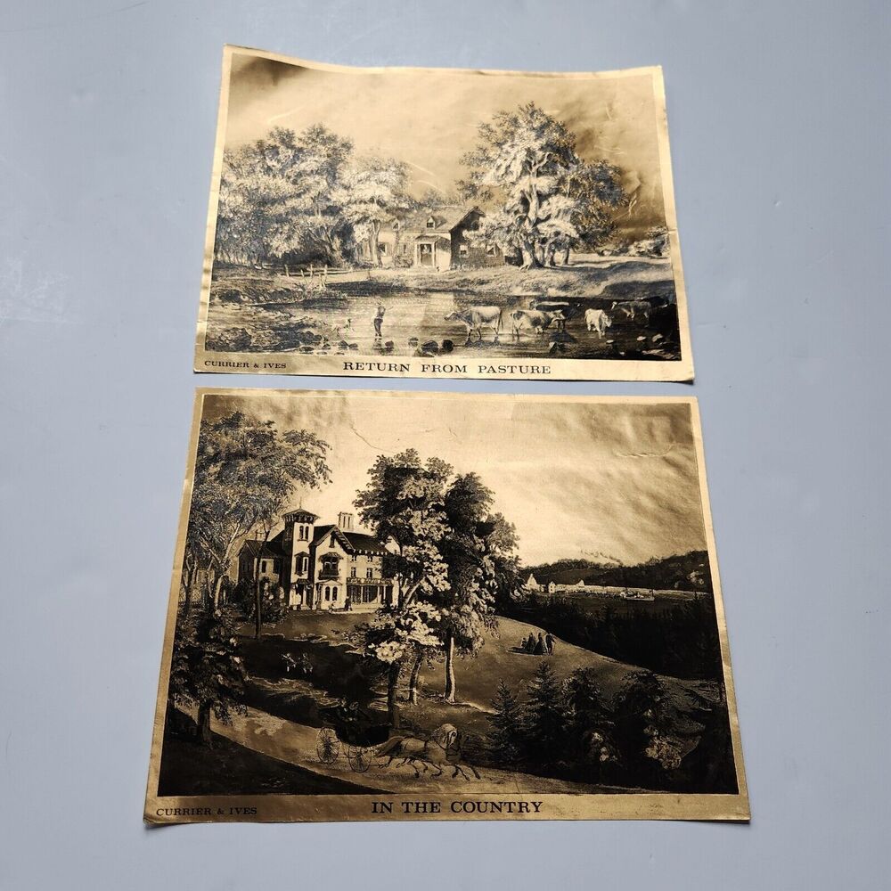 Currier and Ives Gold Foil Prints "In The Country" and "Return From Pasture" Set